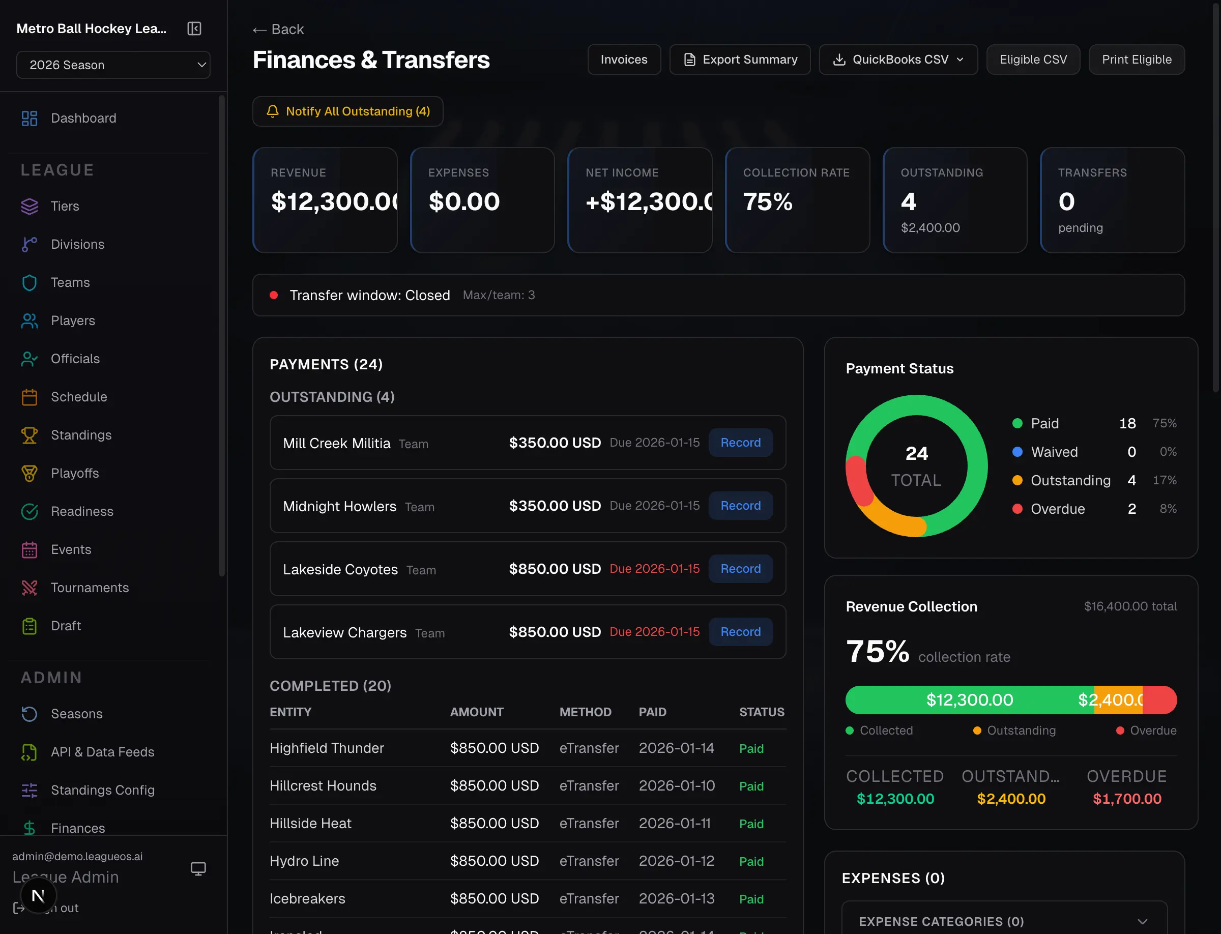 Finance dashboard with payment tracking