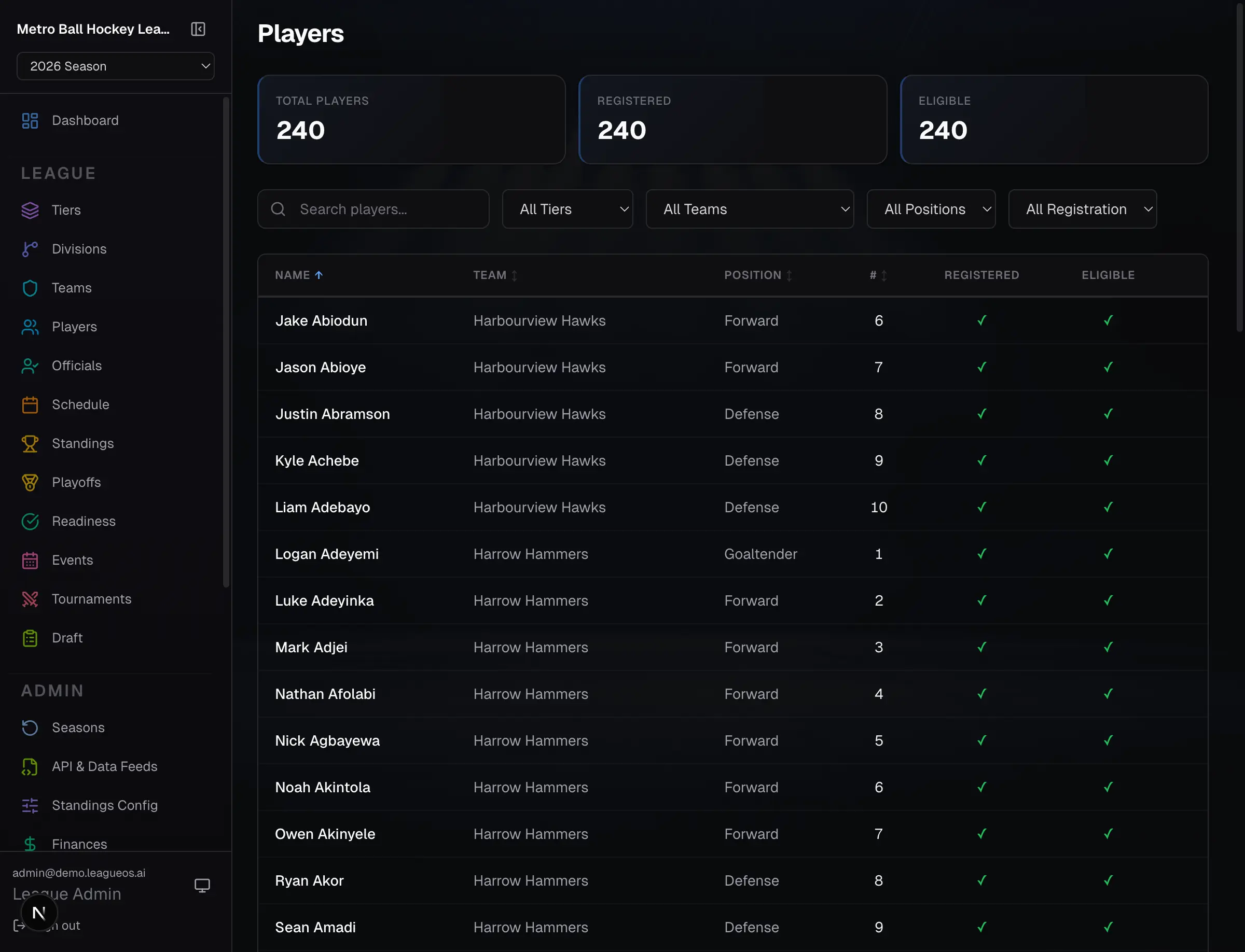 Player registration and roster management